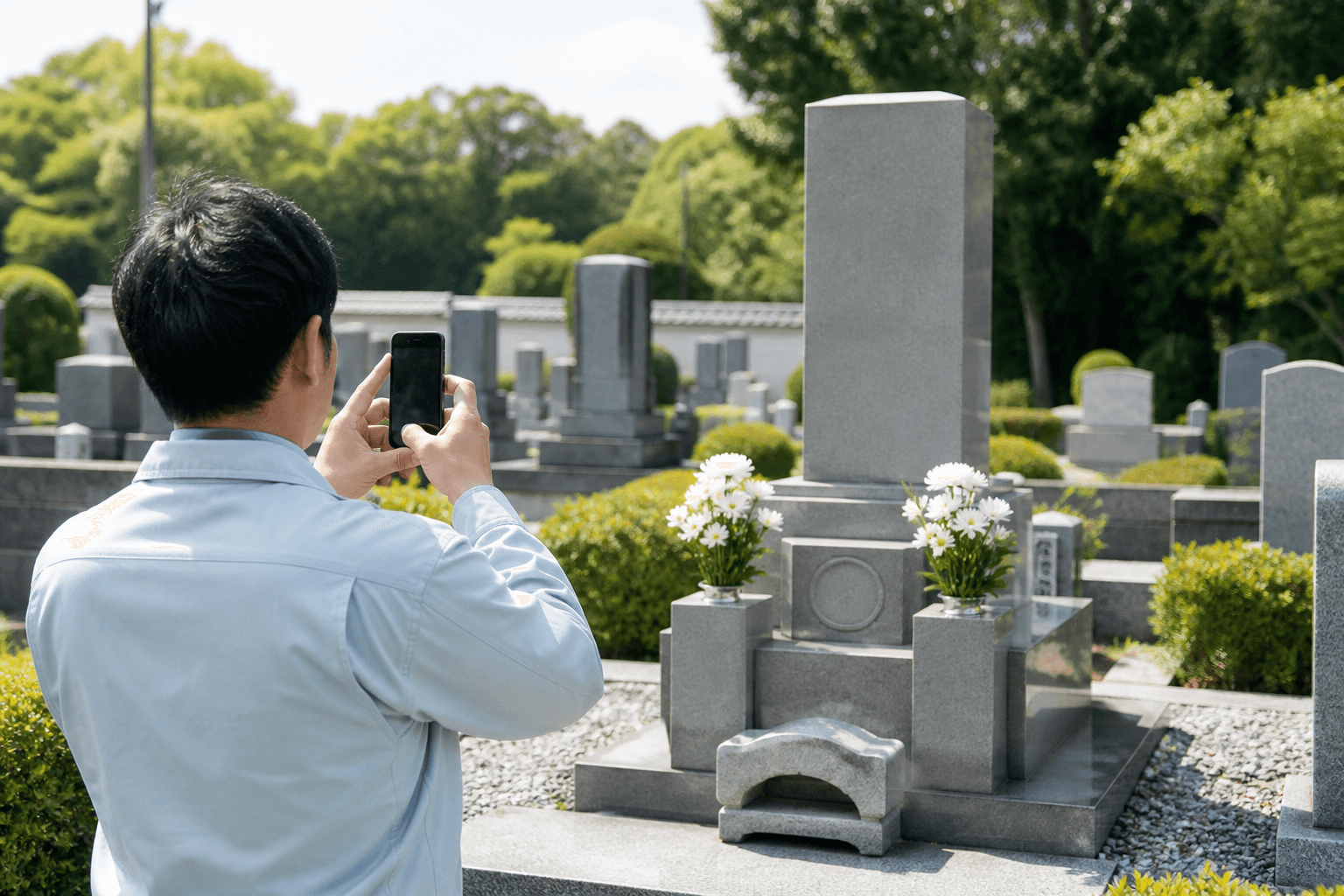 清掃後のお墓を写真に収める様子