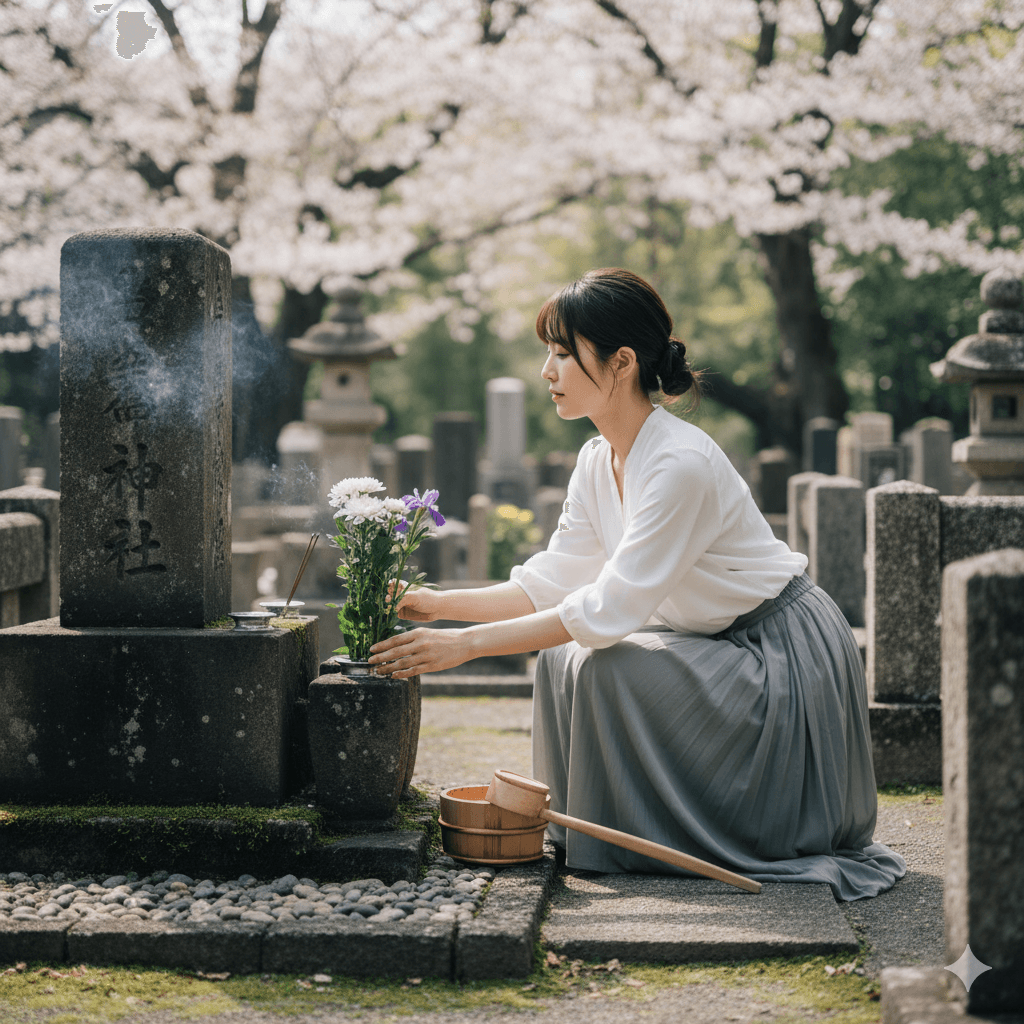 桜の下でお墓に花を供える様子